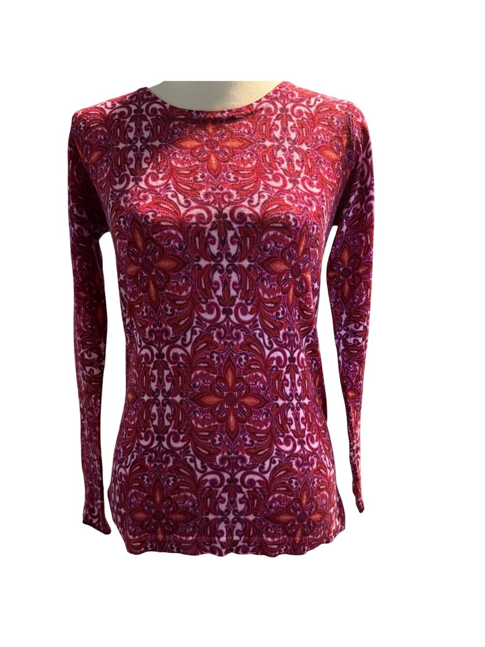 Garnet Hill 100% Merino Wool Floral Paisley Long Sleeve Top, Women's Size Small